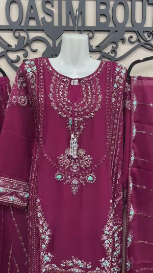 Burgundy Pakistani 3 piece chiffon wedding outfit