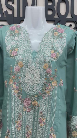 embroidered cotton 3 piece Pakistani suit with chiffon embroidered dupatta and cotton trouser