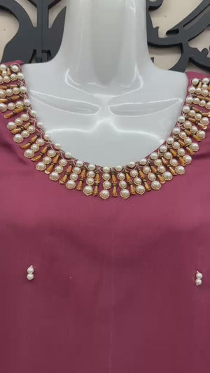 Dusty pink chiffon formal Pakistani dress with handmade beadwork