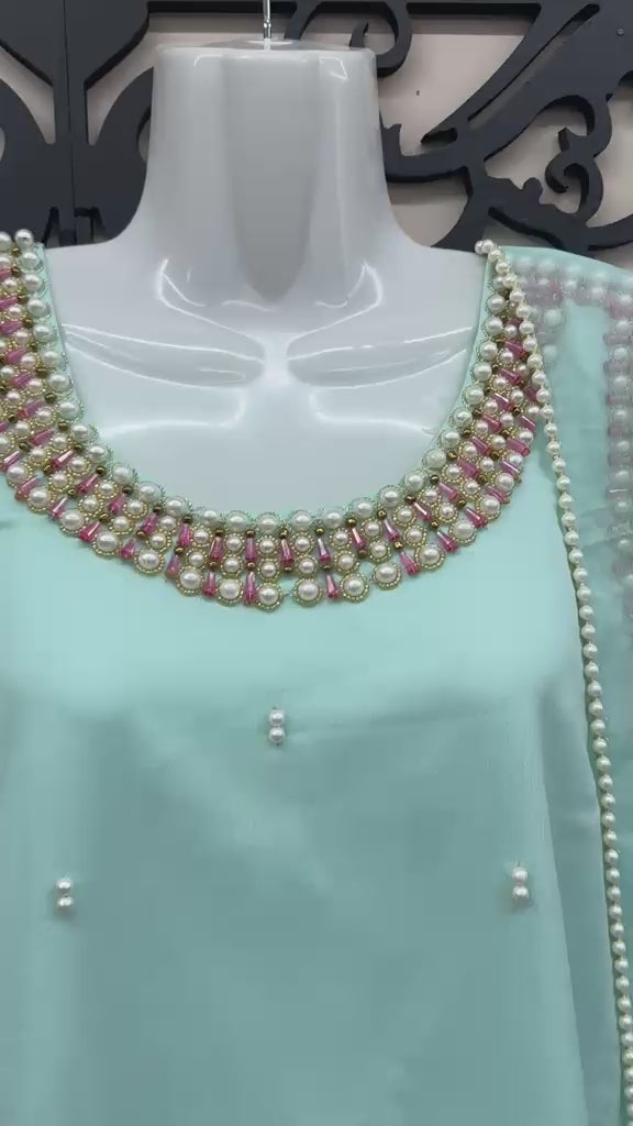 Maryam Qasim Boutique Aqua Blue Chiffon Handwork 3 Piece