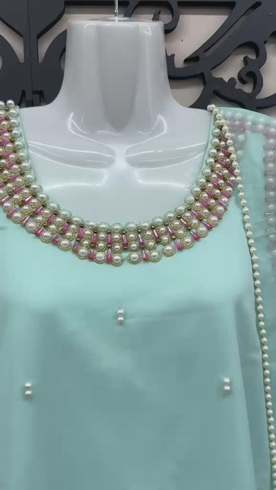 Maryam Qasim Boutique Aqua Blue Chiffon Handwork 3 Piece