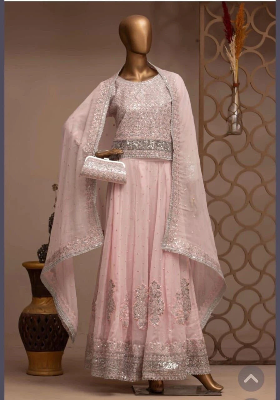 Erum Eman 4-Piece Chiffon Embroidered Lehenga Outfit – Elegant Party & Wedding Wear
