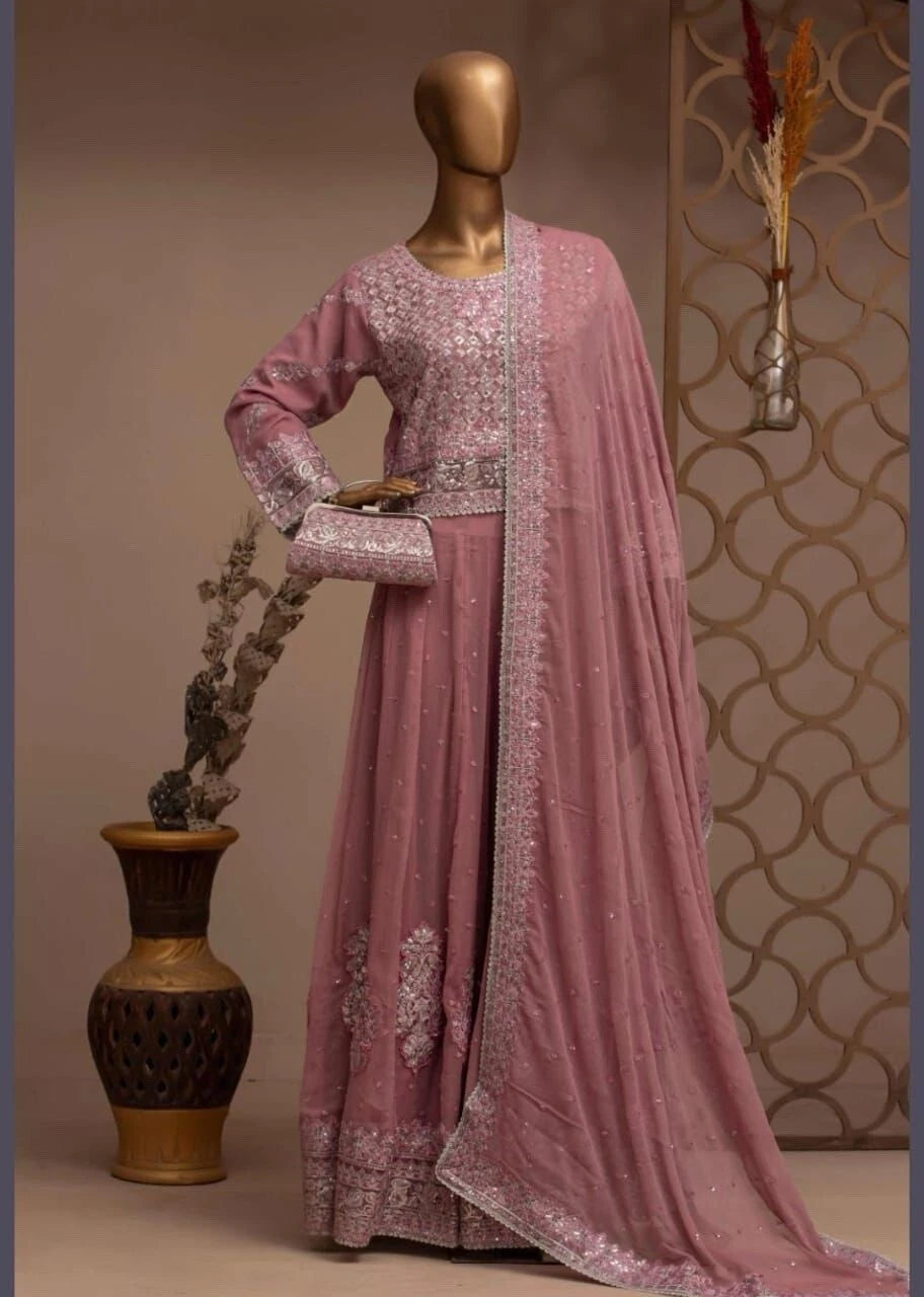 Erum Eman 4-Piece Chiffon Embroidered Lehenga Outfit – Elegant Party & Wedding Wear