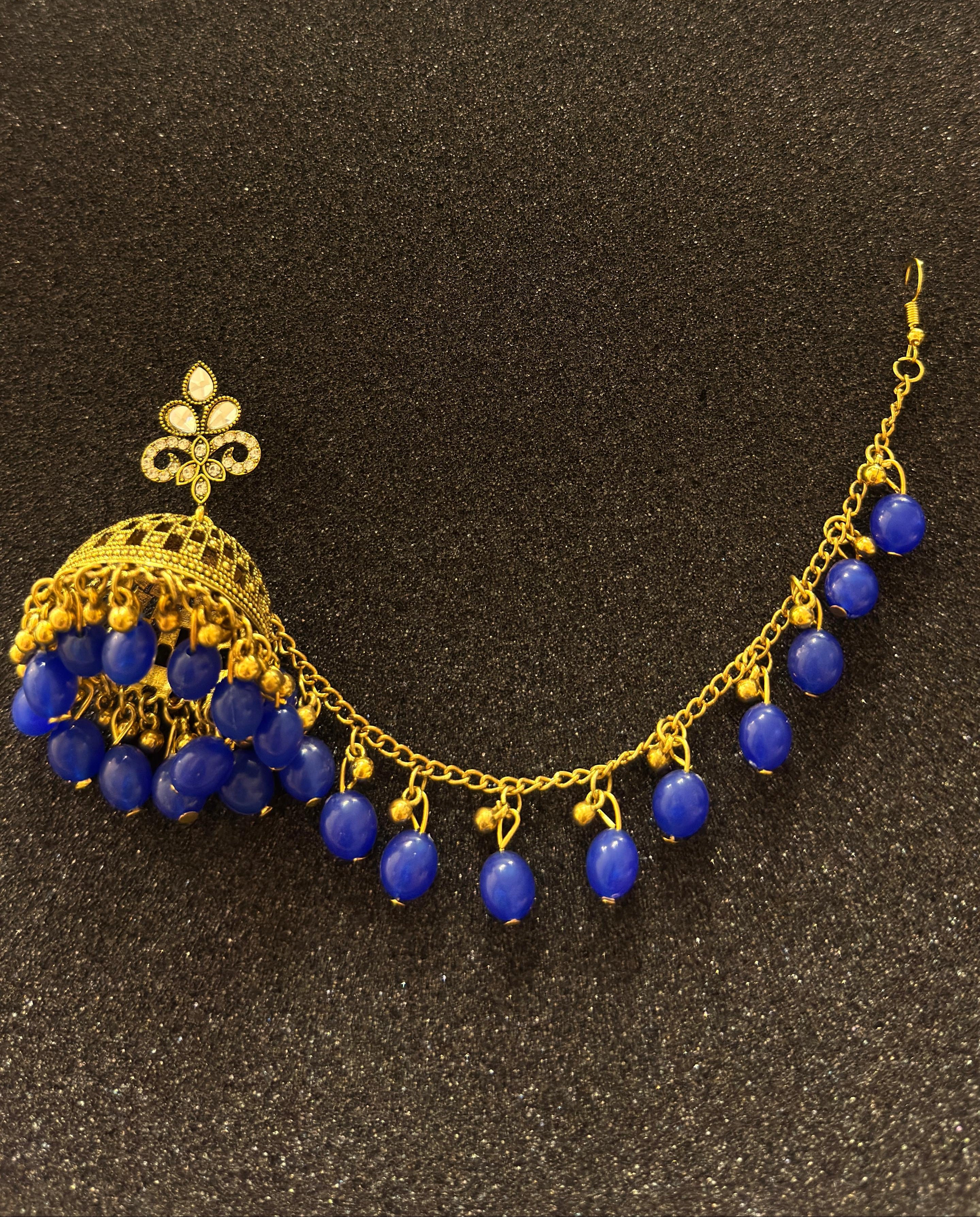 Traditional gold jhumka earrings with royal blue beads and matching sahara chain for bridal and festive wear in Canada