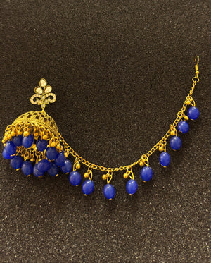 Traditional gold jhumka earrings with royal blue beads and matching sahara chain for bridal and festive wear in Canada