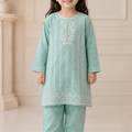 Girls Sky Blue Embroidered Cotton 2 Piece Suit with Matching Trousers by Maryam Qasim Boutique in Canada