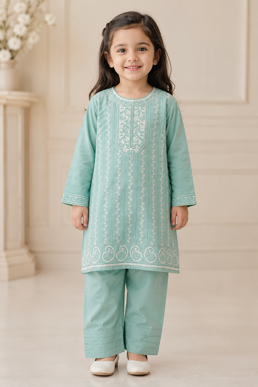 Girls Sky Blue Embroidered Cotton 2 Piece Suit with Matching Trousers by Maryam Qasim Boutique in Canada