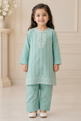 Girls Sky Blue Embroidered Cotton 2 Piece Suit with Matching Trousers by Maryam Qasim Boutique in Canada