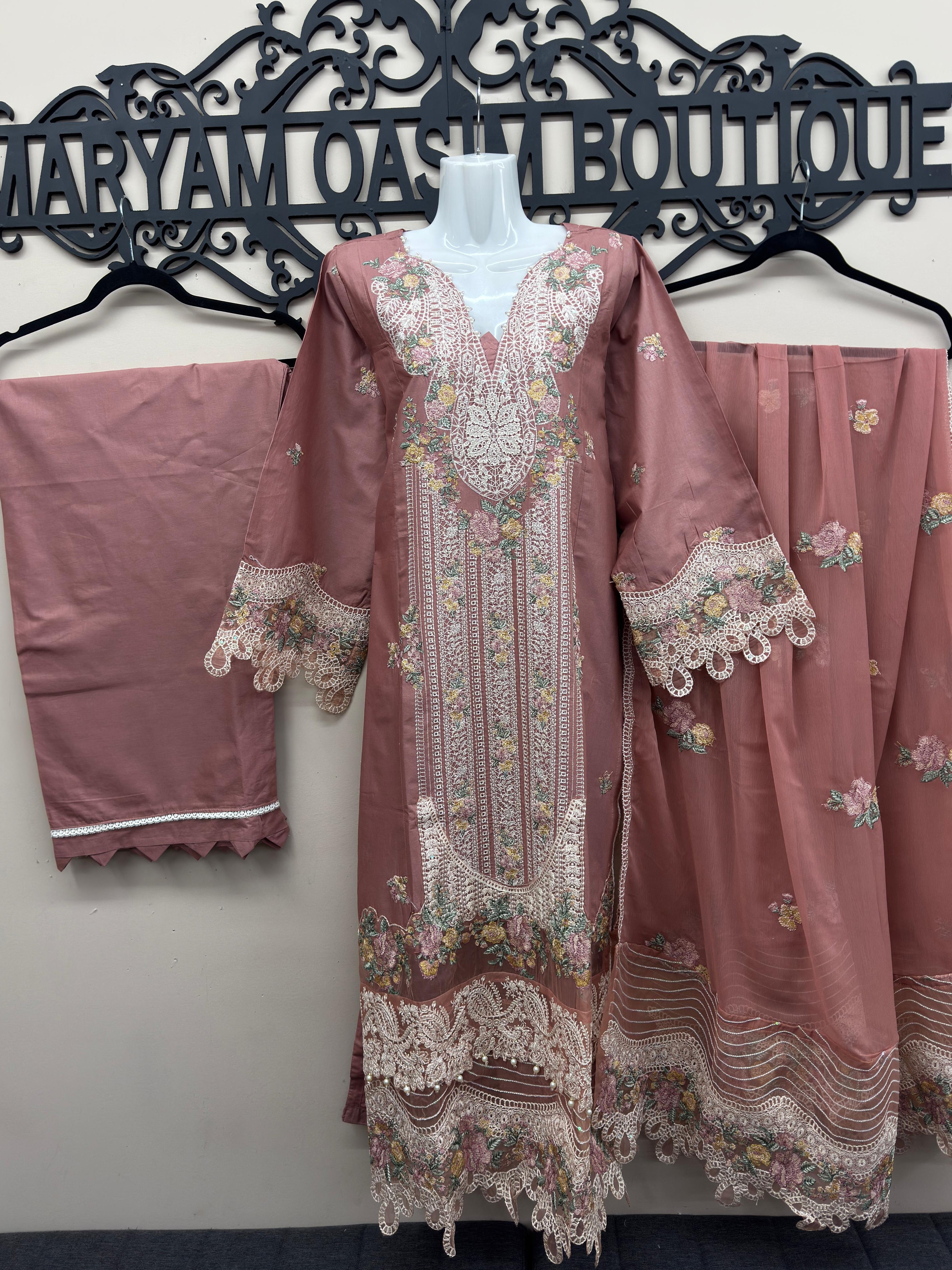 soft pink embroidered cotton 3 piece Pakistani suit with chiffon embroidered dupatta and cotton trousers