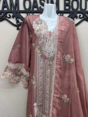 soft pink embroidered cotton 3 piece Pakistani suit with chiffon embroidered dupatta and cotton trousers