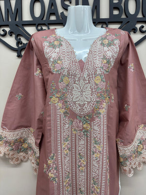 soft pink embroidered cotton 3 piece Pakistani suit with chiffon embroidered dupatta and cotton trousers