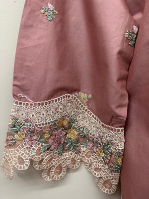 soft pink embroidered cotton 3 piece Pakistani suit with chiffon embroidered dupatta and cotton trousers
