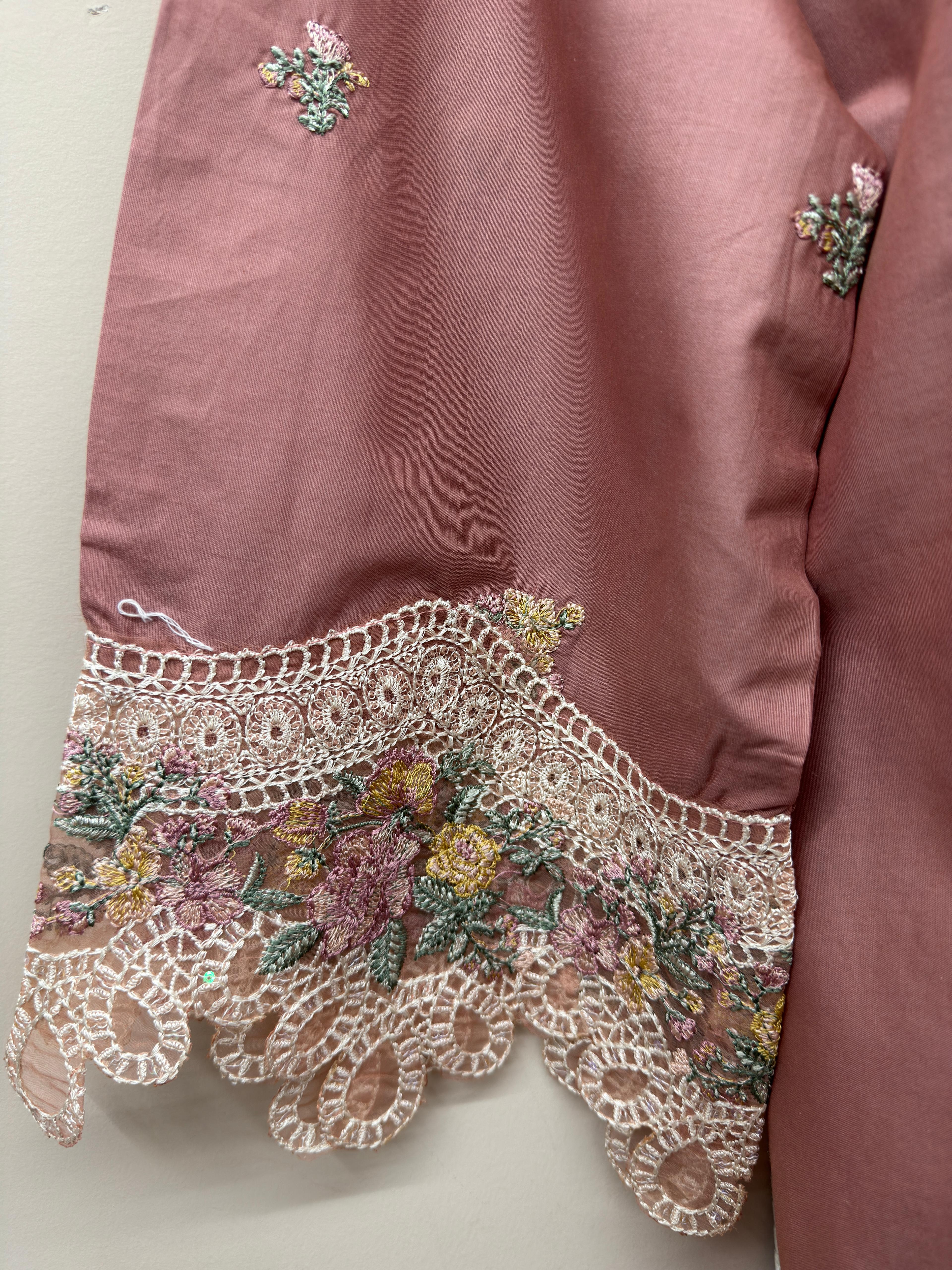 soft pink embroidered cotton 3 piece Pakistani suit with chiffon embroidered dupatta and cotton trousers