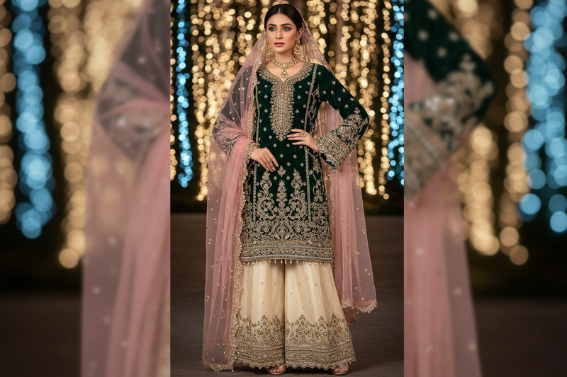 sophistaicated Pakistani model in a Eid party wear 3-piece. Paskiatni fashion, background should have a bokeh effect. model photoshoot 