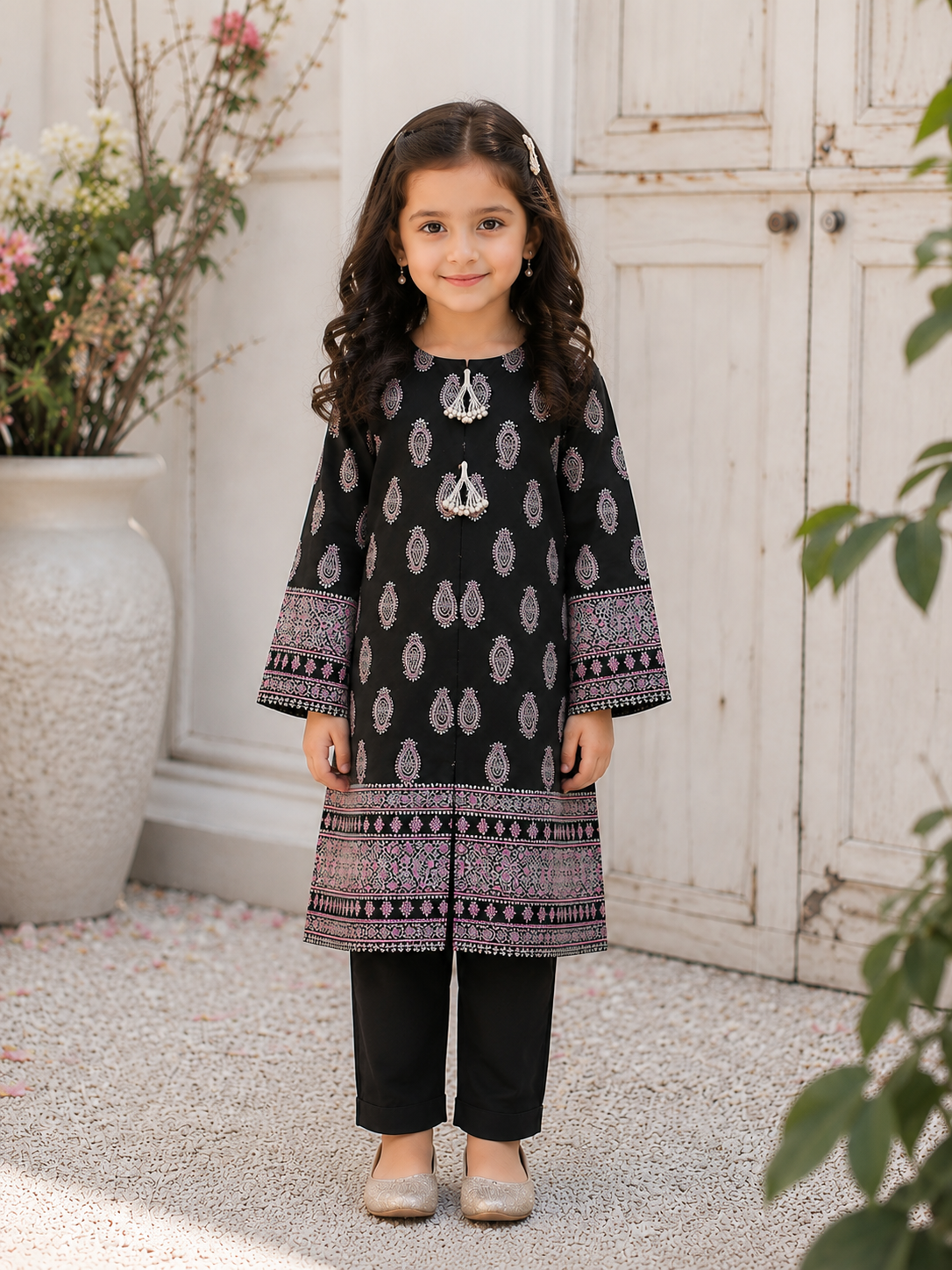 Baby Choice black kids cotton 2 piece suit with printed shirt and matching trousers for girls in canada