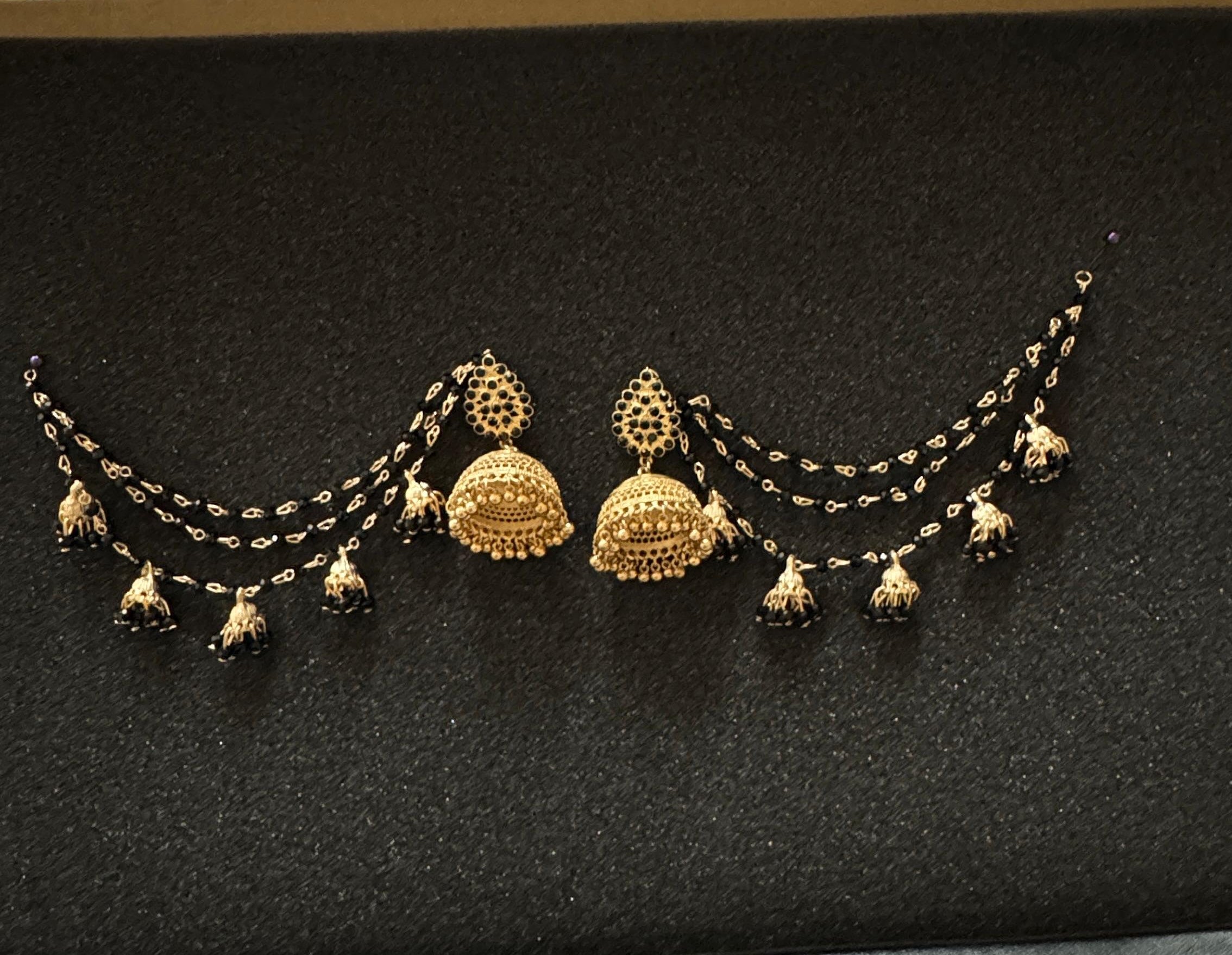 Antique gold black beaded jhumka earrings with matching sahara chain for traditional Pakistani and Indian bridal wear