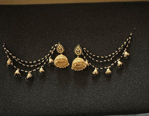 Antique gold black beaded jhumka earrings with matching sahara chain for traditional Pakistani and Indian bridal wear