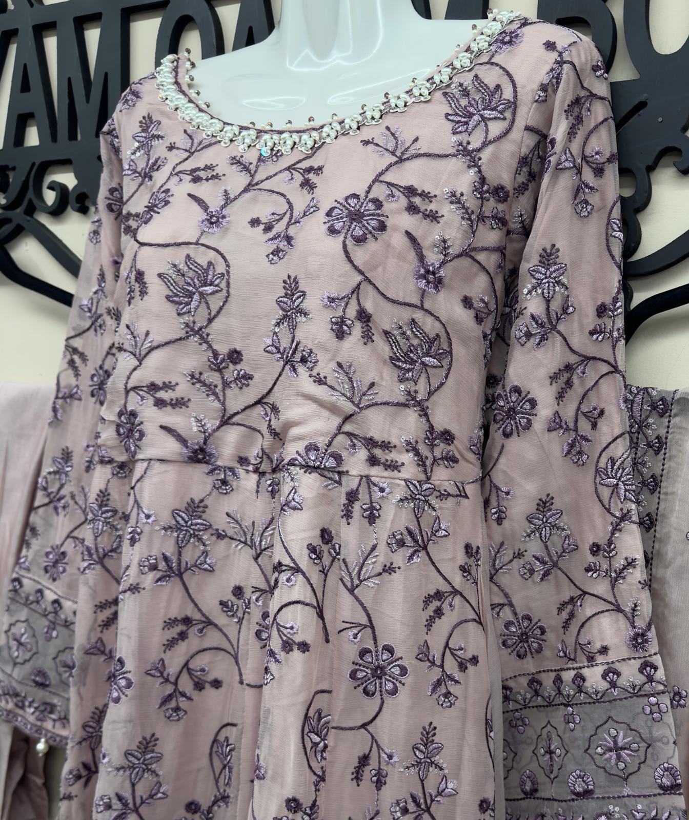 Indian lilac chiffon embroidered maxi dress with chiffon dupatta and trousers in canada