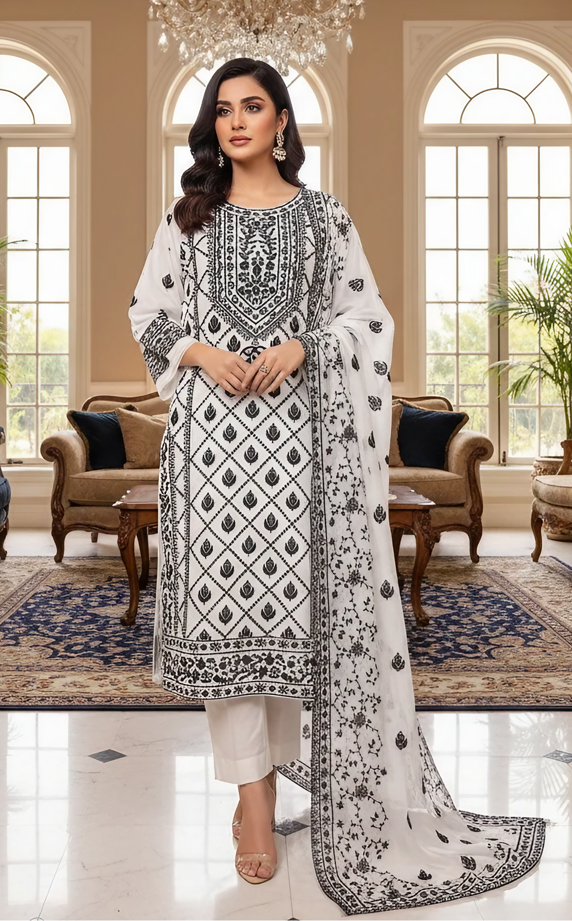 Chiffon 3 pcs Embroidered Suit with Sequins, Thread & Beads Work