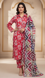3 Piece Printed Lawn Suit for Women – Summer Outfit with Lace Neck & Dupatta