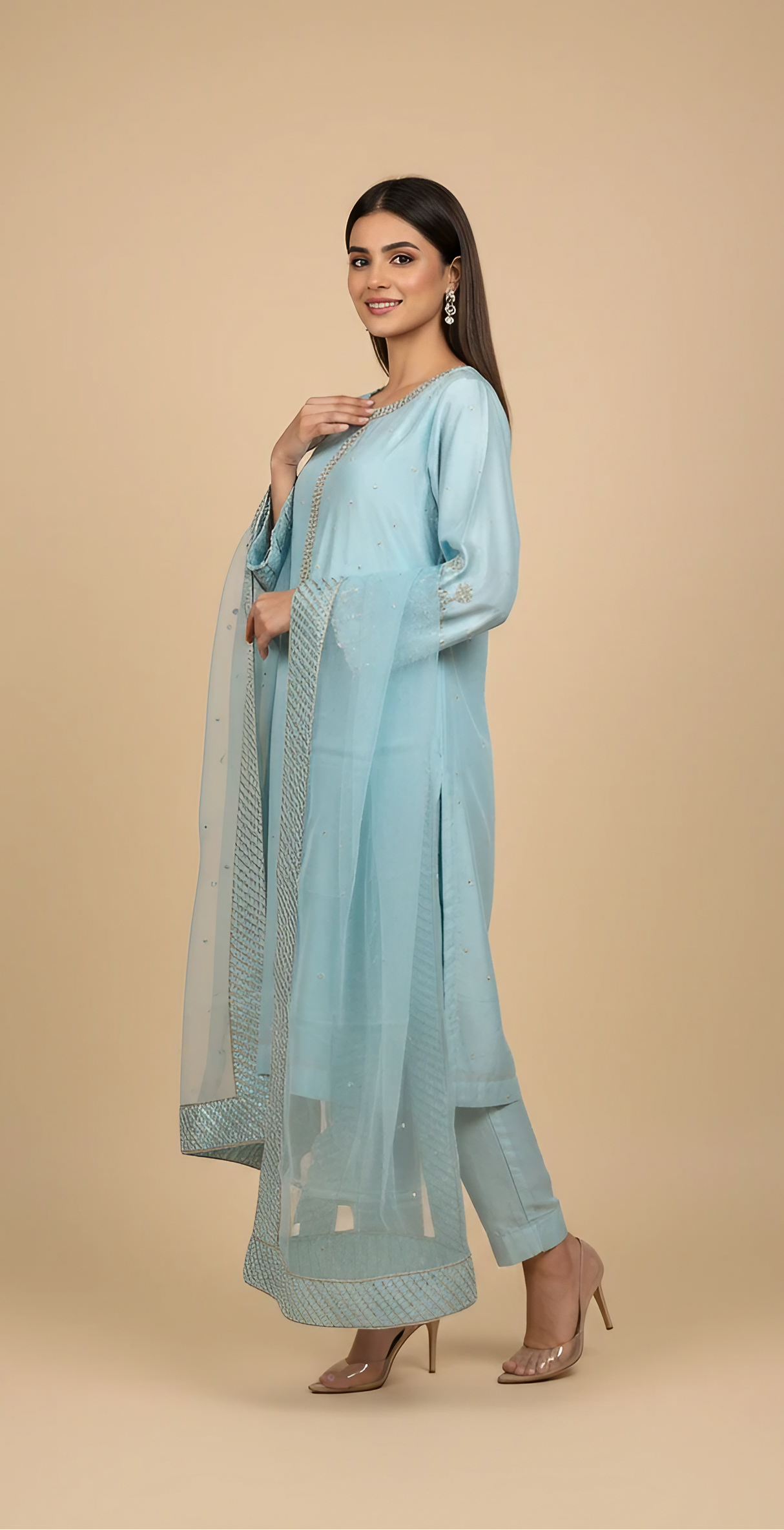 Erum Eman Women’s sky Blue 3 Piece Embroidered Suit – Party Wear