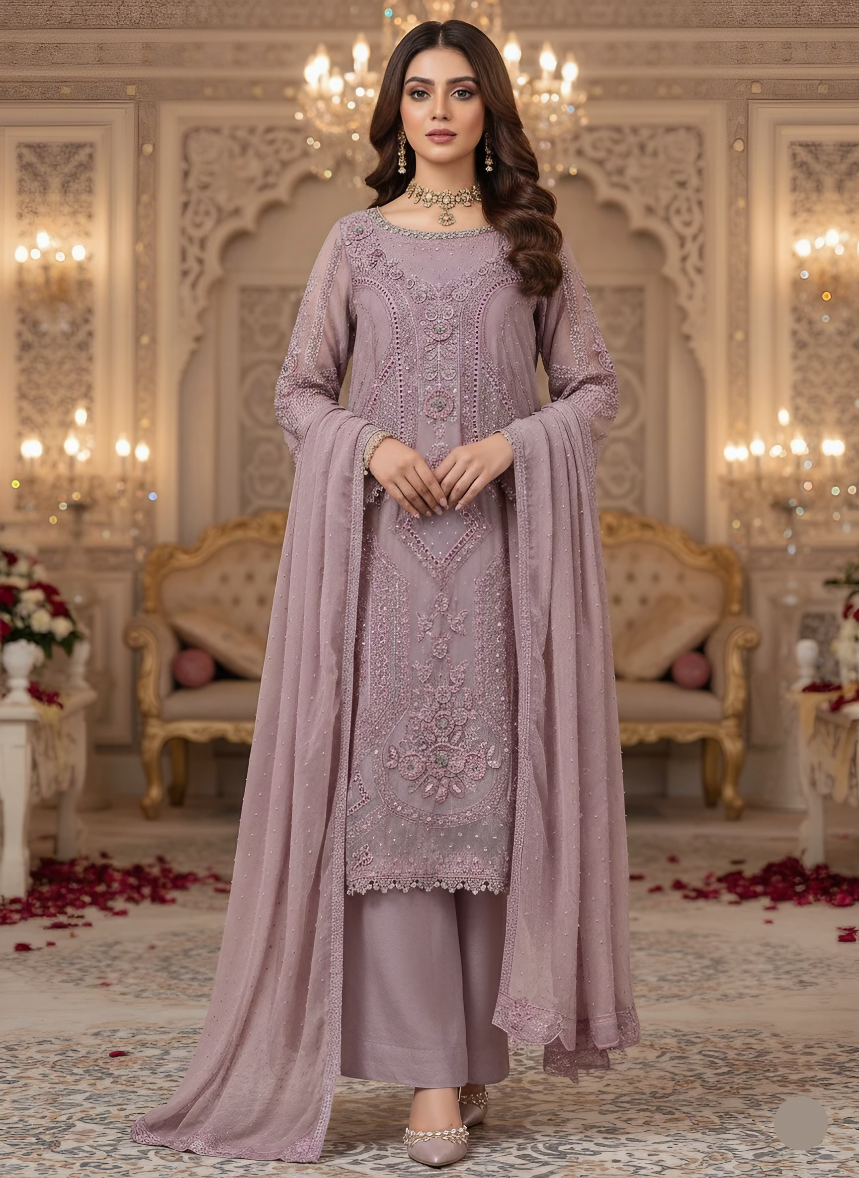 Designer Style Embroidered Chiffon Suit – 3 Piece Set
