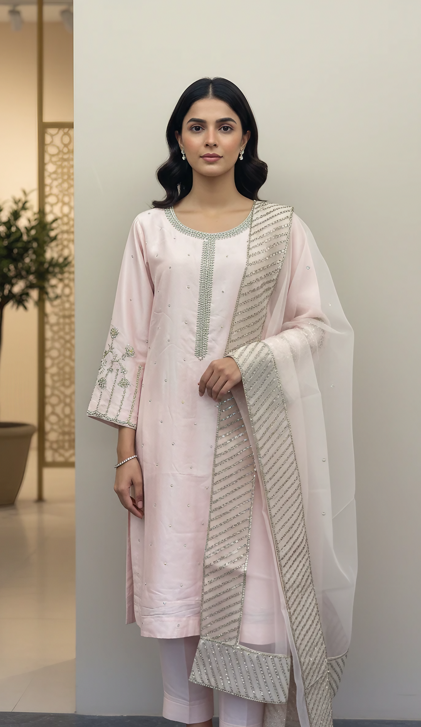 Erum Eman Women’s soft Pastel Pink 3 Piece Embroidered Suit – Party Wear