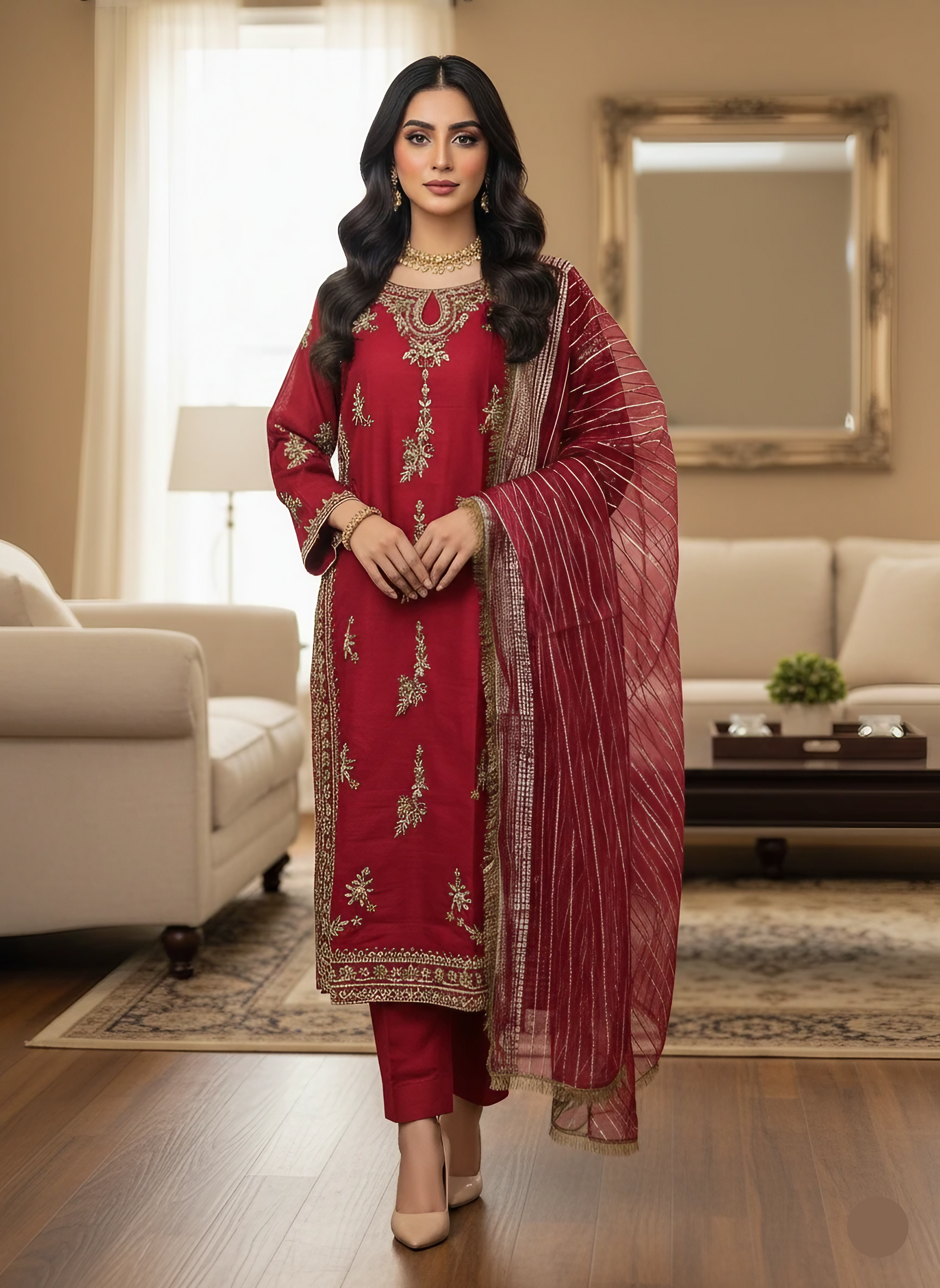 3-Piece Formal Hand Embroidery Outfit – Katten Silk Fabric with Zaree Work & Doptta