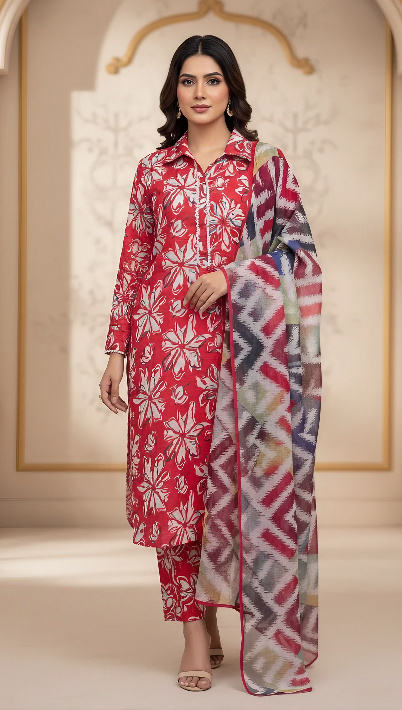 3 Piece Printed Lawn Suit for Women – Summer Outfit with Lace Neck & Dupatta