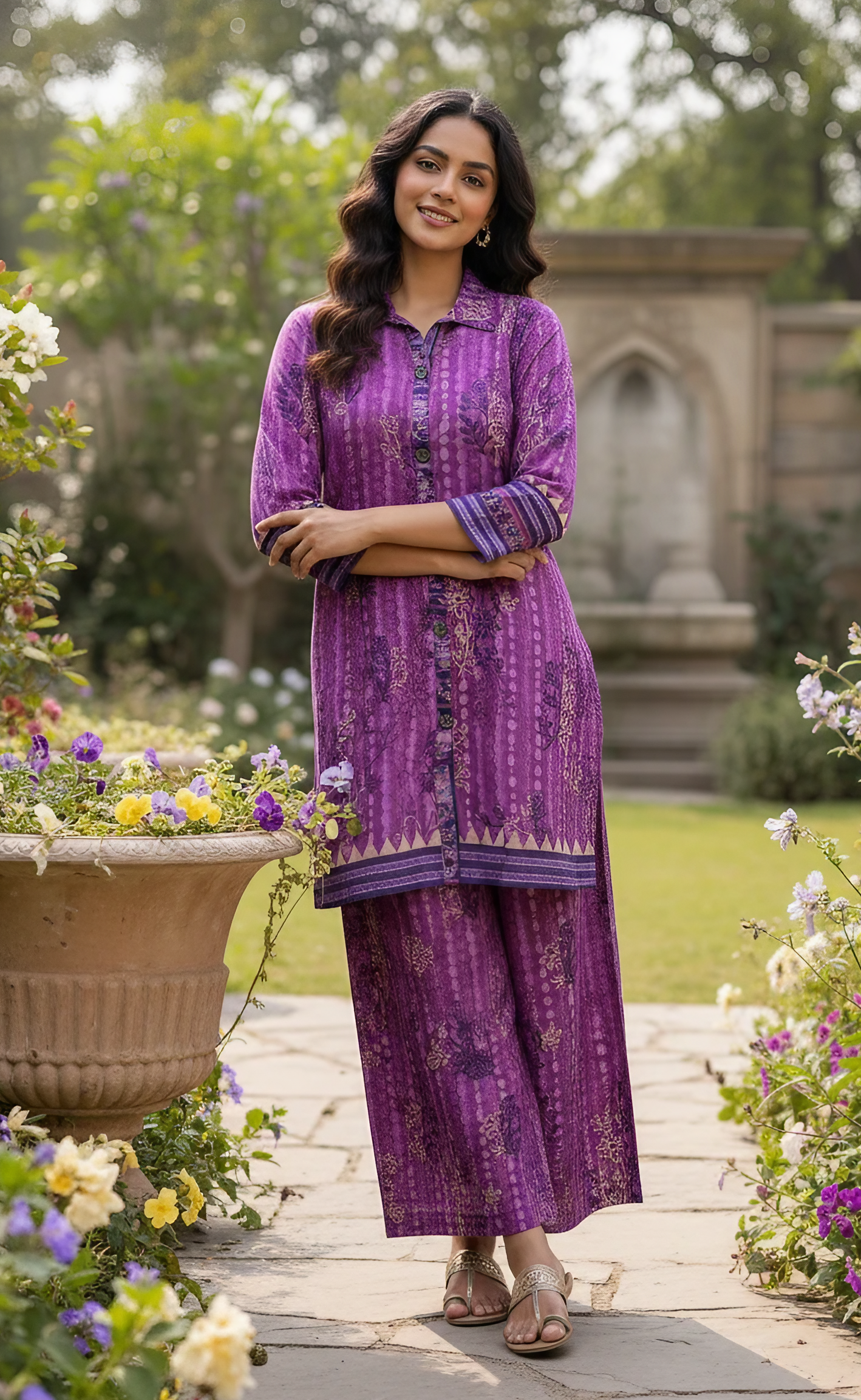 2 Piece Khaddar Cord Set for Women – Short Shirt with Wide Palazzo Pants