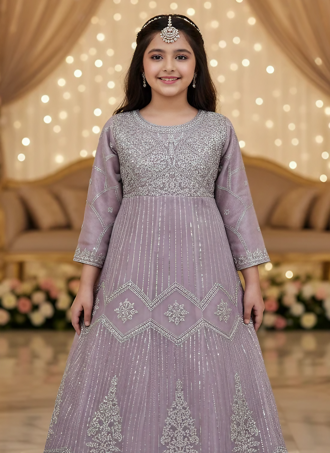 Girls Embroidered Organza Anarkali Pink Dress 3PC Set