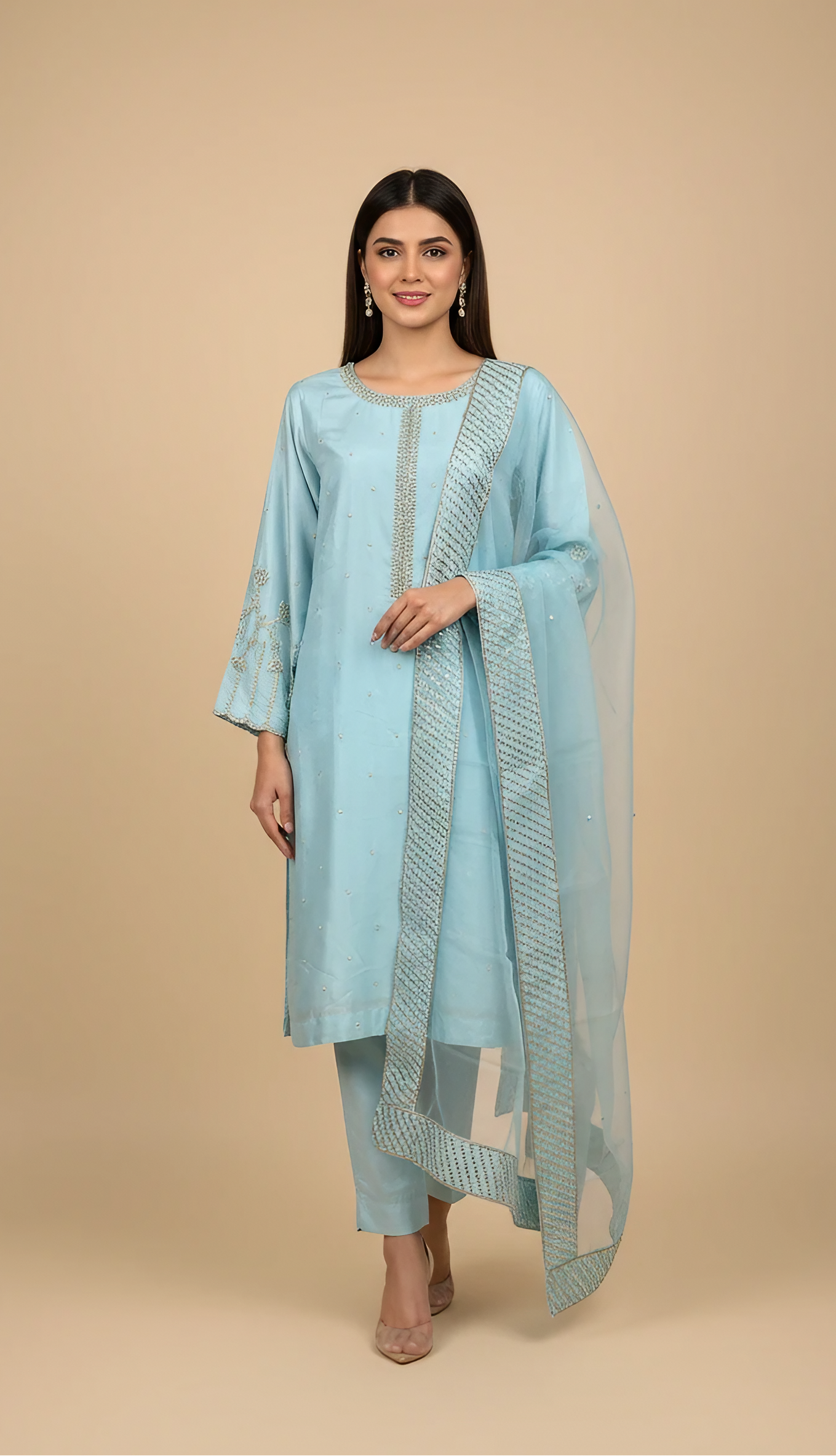 Erum Eman Women’s sky Blue 3 Piece Embroidered Suit – Party Wear