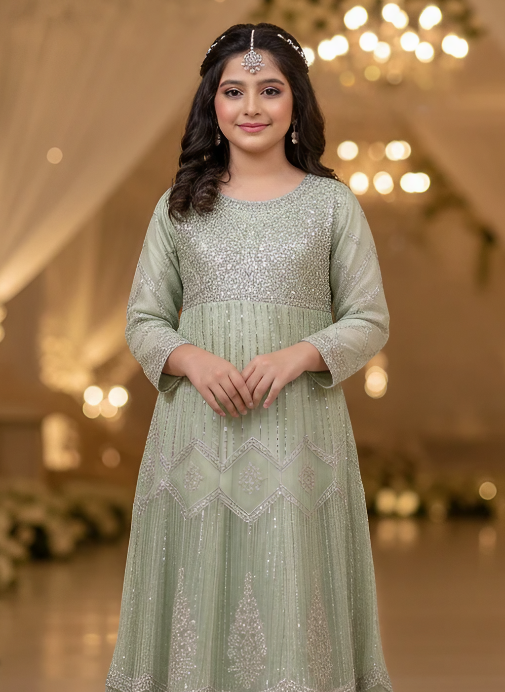 Girls Pista Green Heavy Embroidered Organza Anarkali Dress 3PC Set