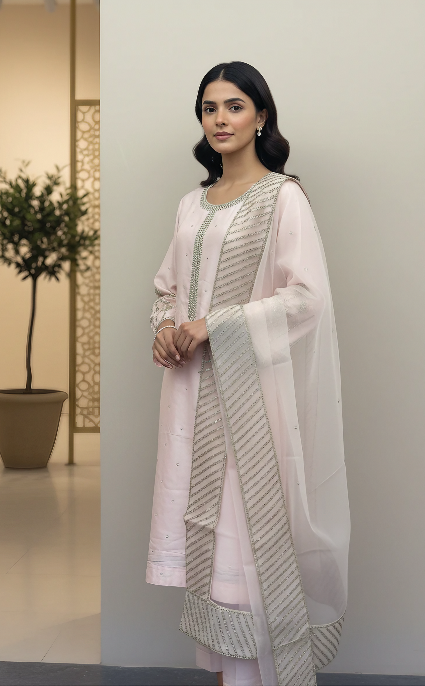 Erum Eman Women’s soft Pastel Pink 3 Piece Embroidered Suit – Party Wear