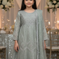 Girls Sage Green Heavy Embroidered Organza Anarkali Dress 3PC Set
