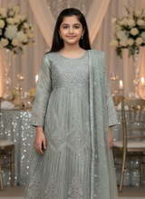 Girls Sage Green Heavy Embroidered Organza Anarkali Dress 3PC Set
