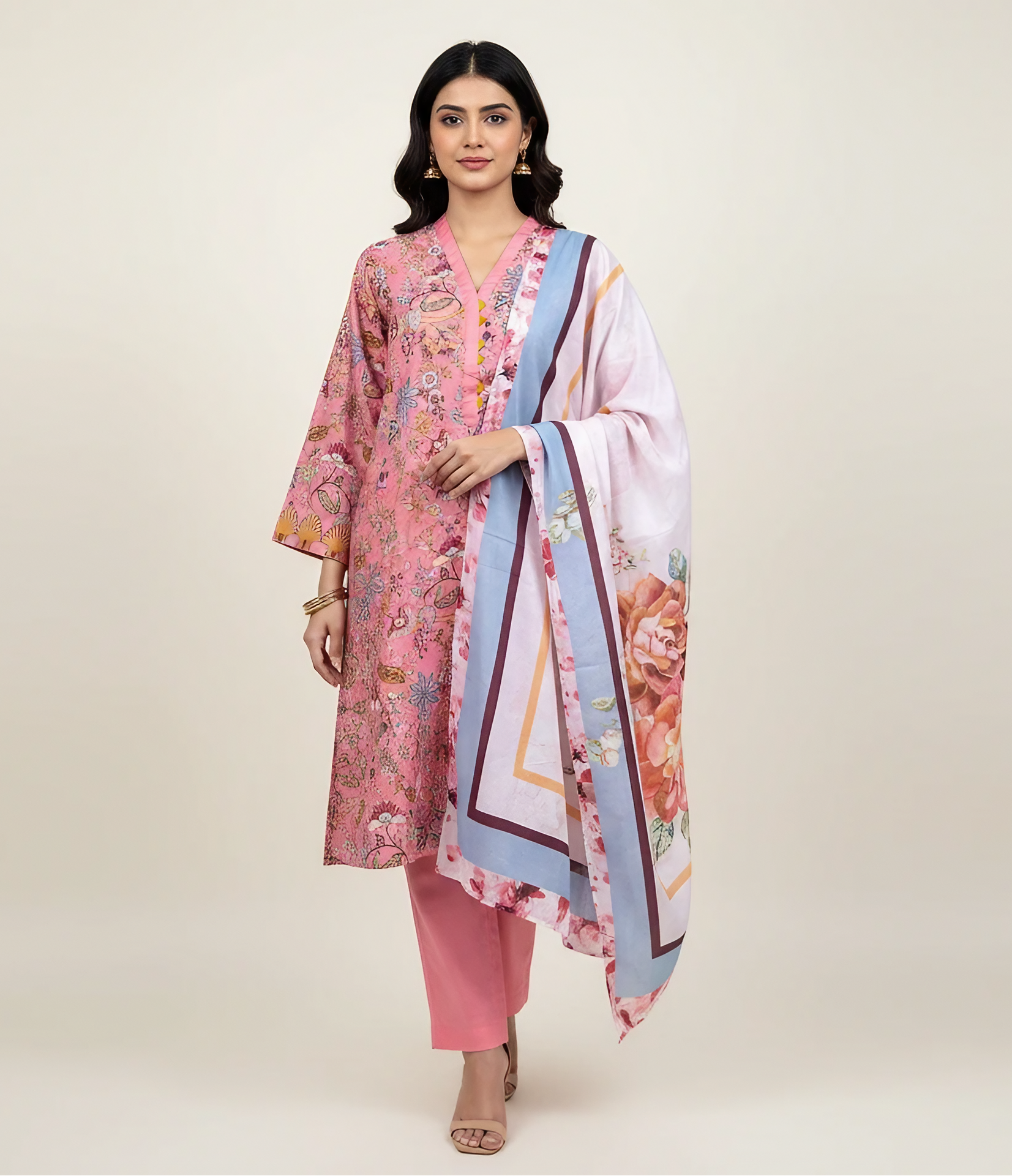 3 Pcs Pink Lawn Printed Suit for Women – Summer Shirt trouser Dupatta Set