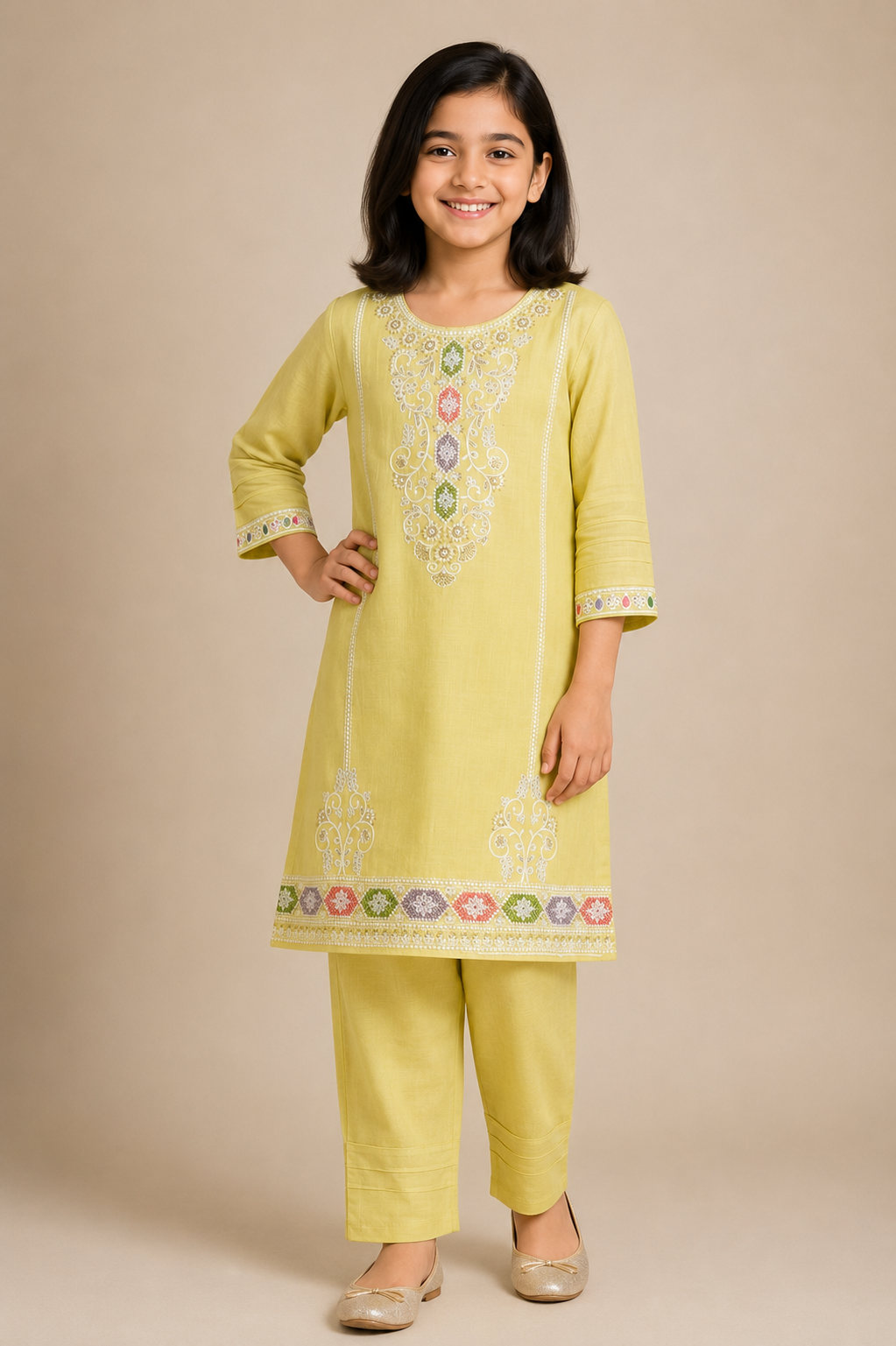Girls yellow embroidered cotton 2 piece suit by Baby Choice