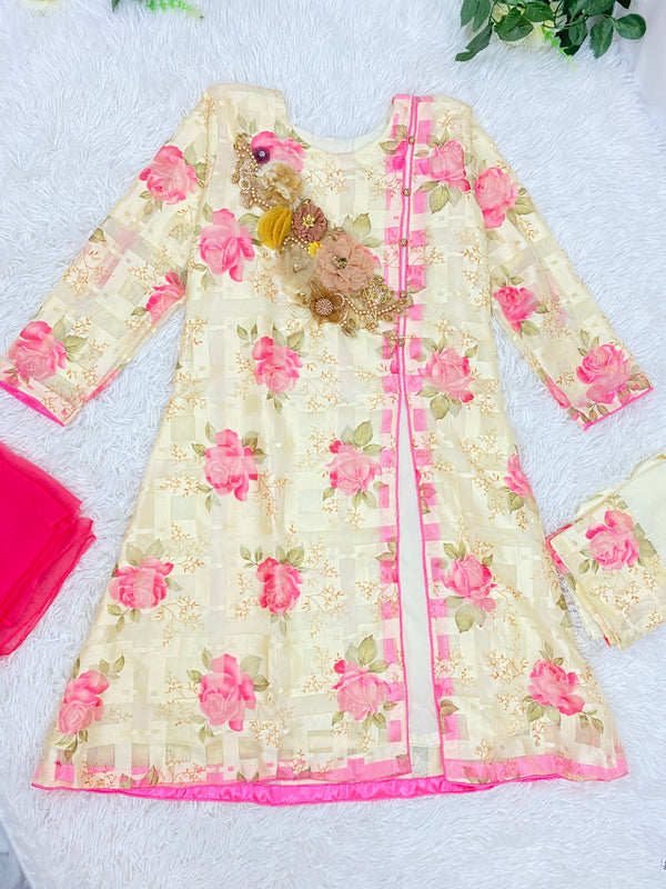 Pink Floral Net Anarkali Dress S