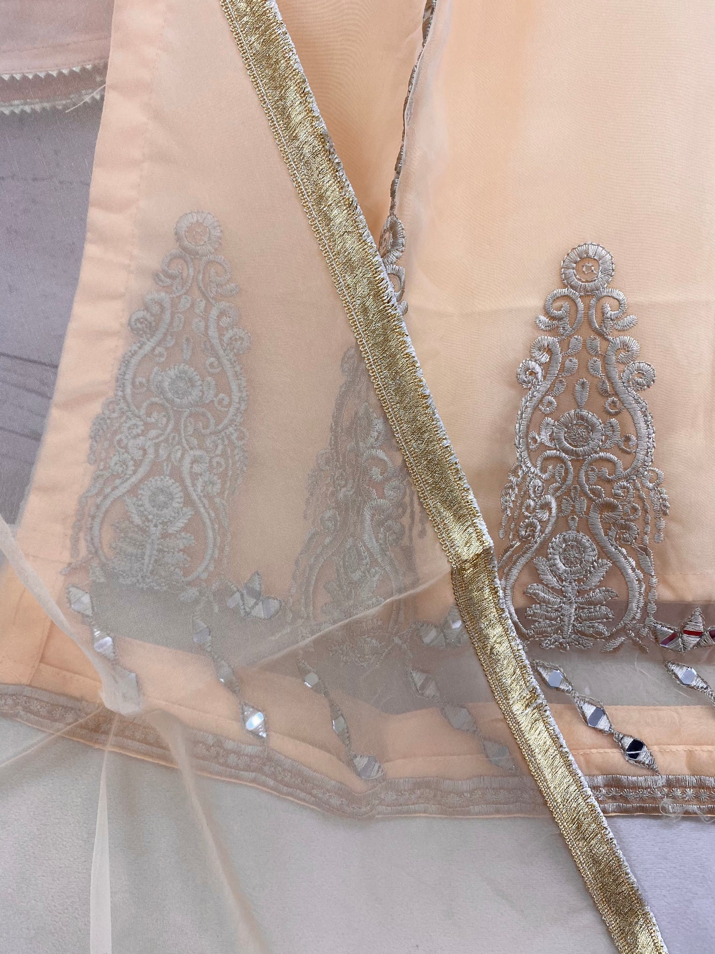 Peach Organza Thread Mirror work Suit (3PC)