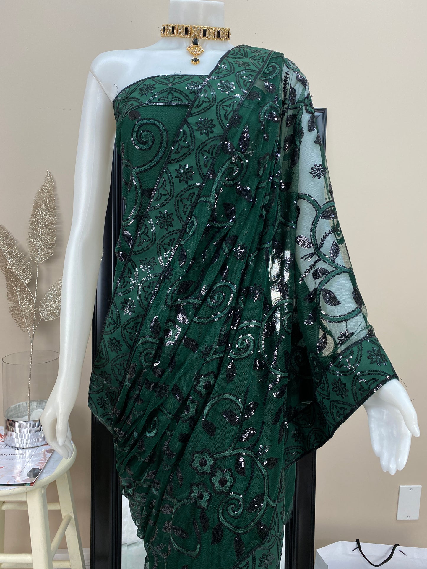 Net Embroidered Fancy Green Saree