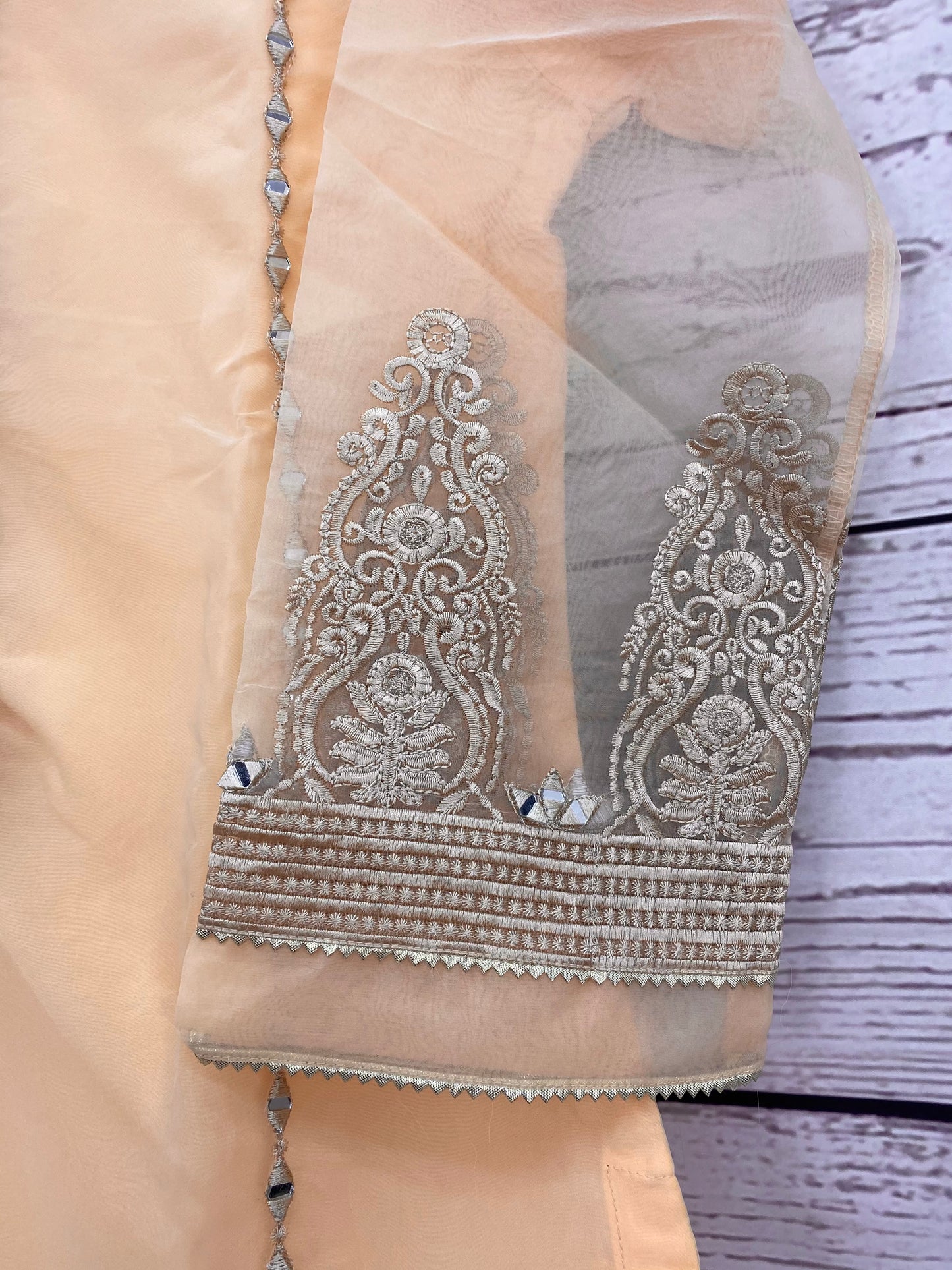 Peach Organza Thread Mirror work Suit (3PC)