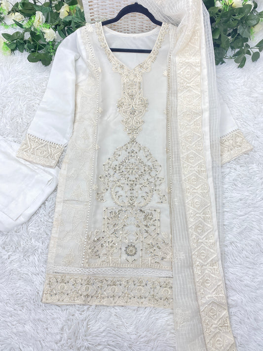 Luxury Pearl White Organza Handwork Outfit