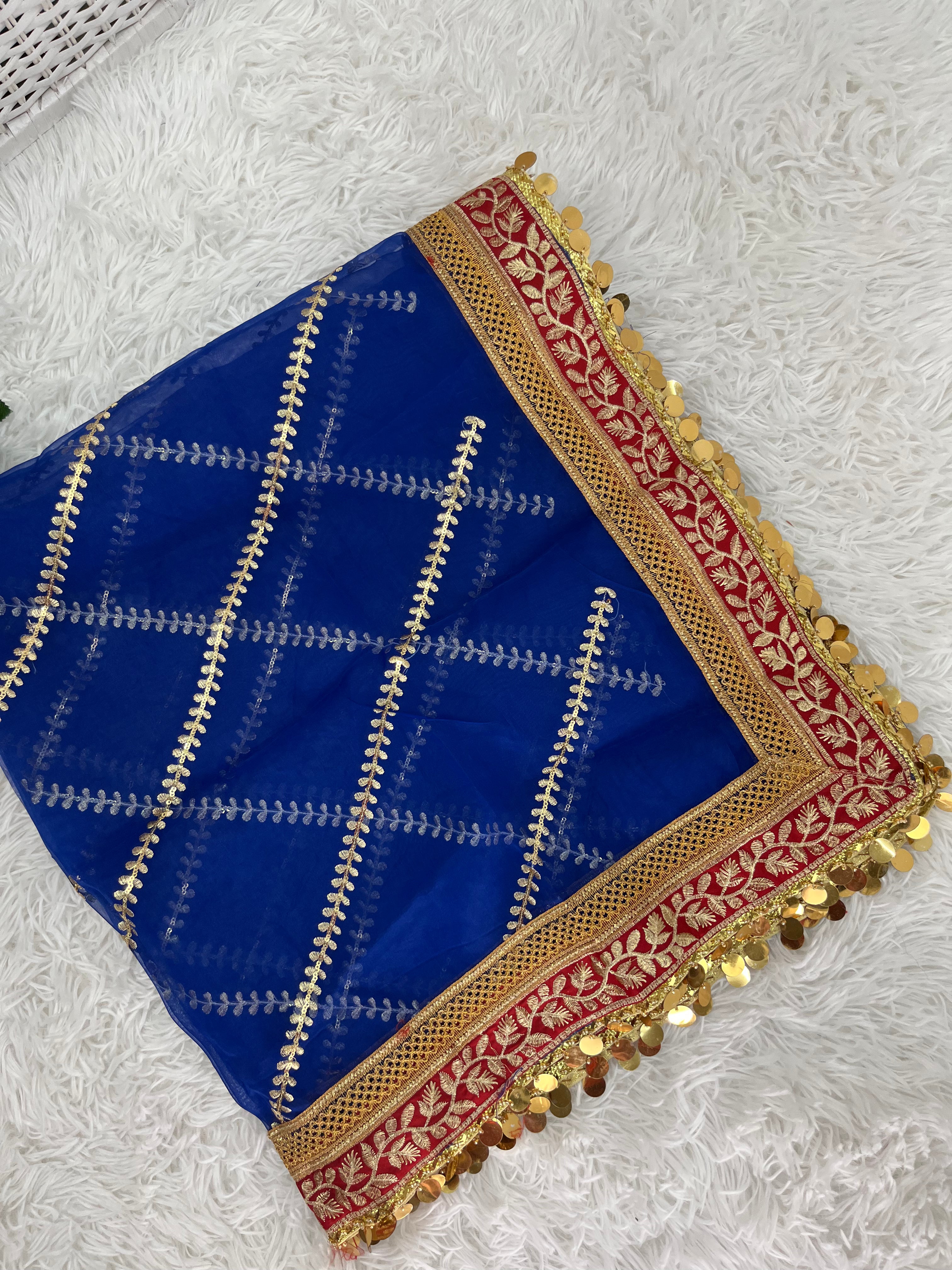 Blue Organza Dupatta with Gold Border