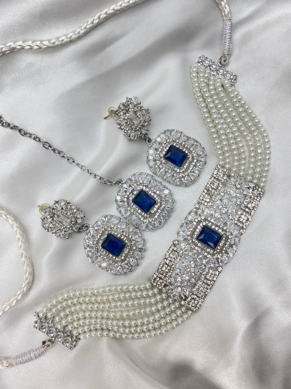 Choker Jewelry Set 4PC Silver/Blue