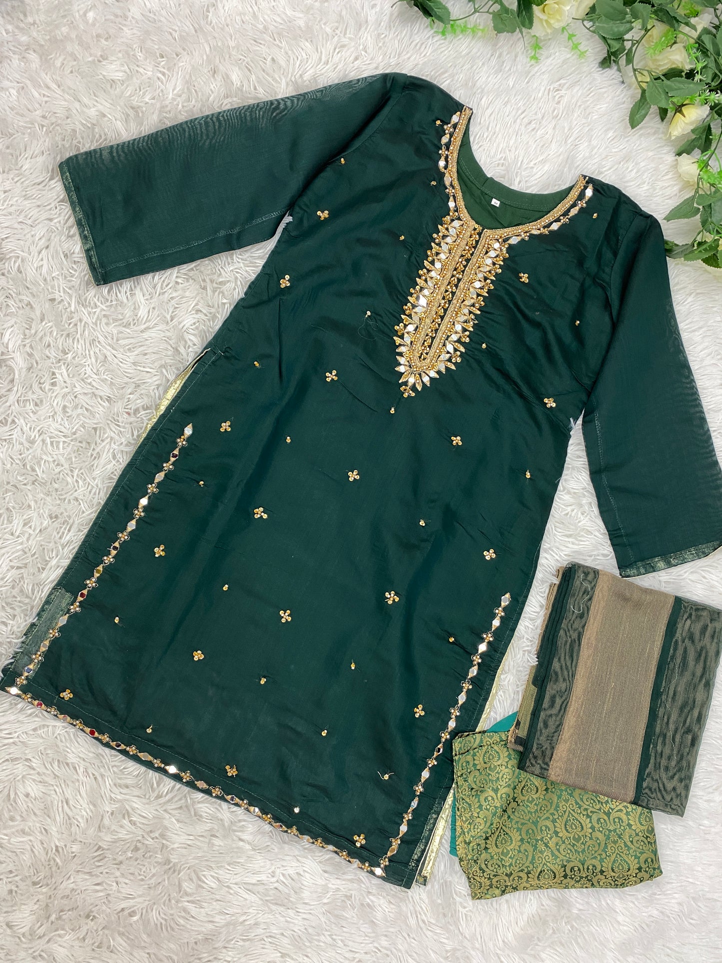 Green Mirror-Work Khaadi Net Outfit M