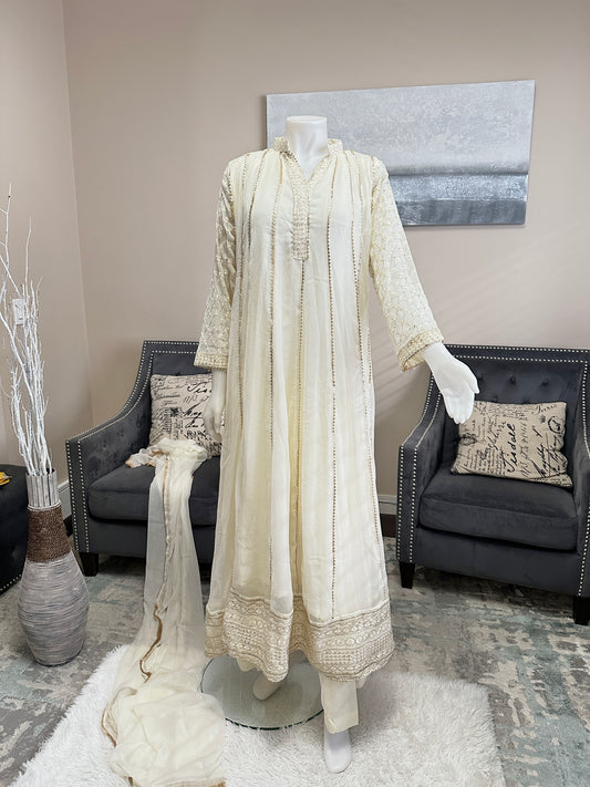 3pc Fancy White Chiffon Anarkali