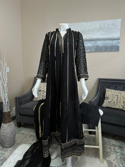 3pc Fancy Black Chiffon Anarkali