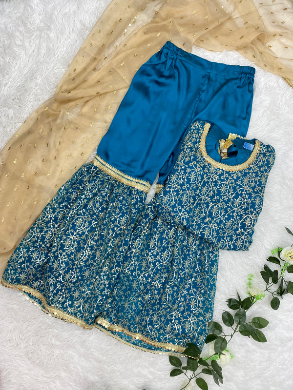 Luxury Blue Georgette/Silk Gharara Outfit 3PC