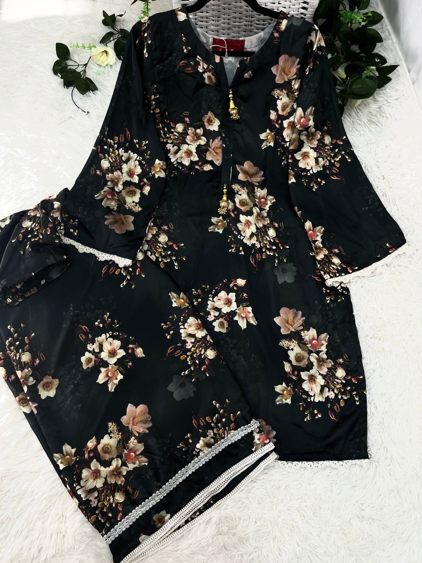 2 Pcs Floral Printed Silk Suit